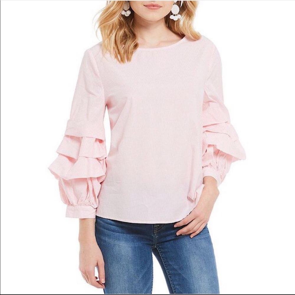 Sanctuary Delphine Ruffle Statement Sleeve Poplin Blouse Pink Stripe Top Small